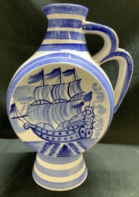 Vntg Blue & White PETAT Ship Motif Pitcher