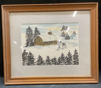Framed Winter Farm & Cows Watercolor Painting