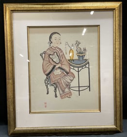 Framed Chinese Woman Holding Fan Painting