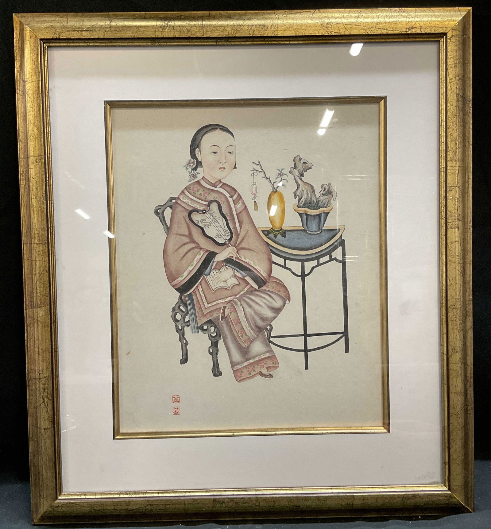 Framed Chinese Woman Holding Fan Painting (1 of 6)