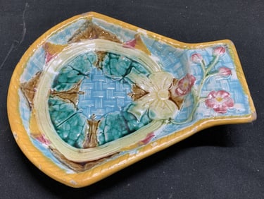Sgnd Antq Majolica Pink Floral Ceramic Dish N.Y