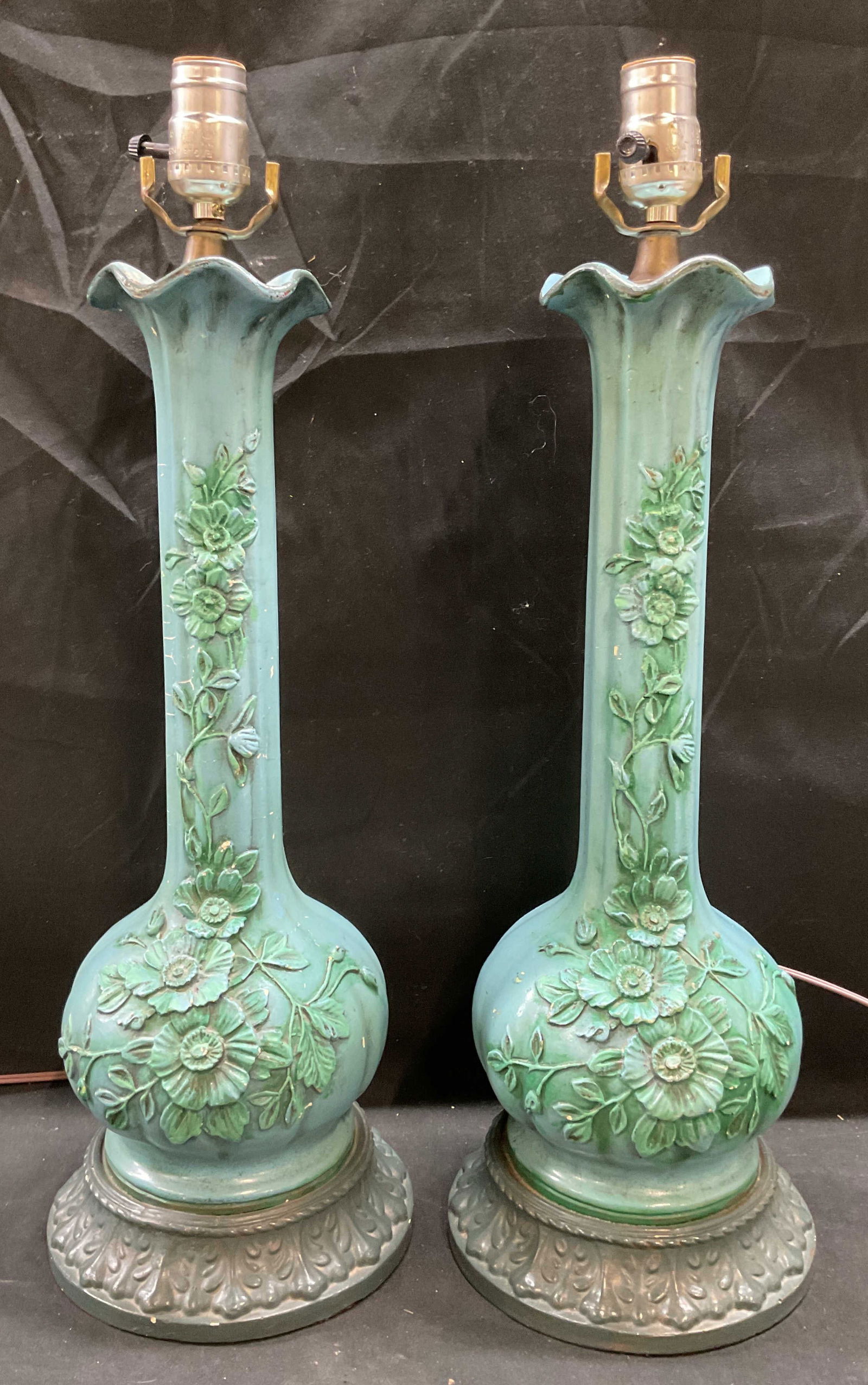 Pair Vintage Blue Floral Relief Table Lamps (1 of 7)