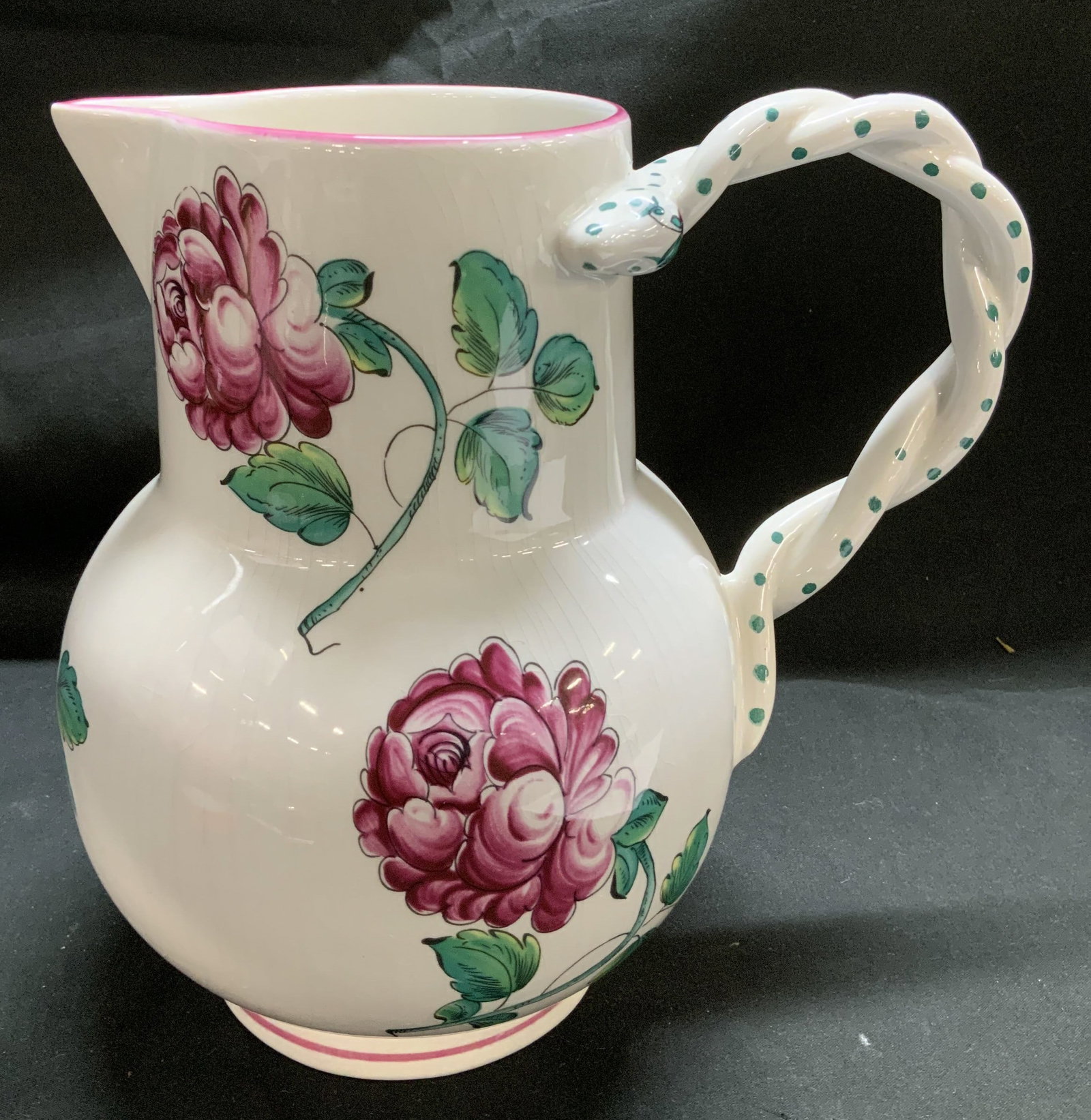 Tiffany & Co. Strasbourg Flowers Pitcher PORTUGAL: Pitcher features hand decorated pink peonies & green leaves. Distinctive braided handle w blue polka dot pattern. Signed & marked on underside. Reads, STARASBOURG FLOWERS FOR TIFFANY & CO. PORTUGAL. S