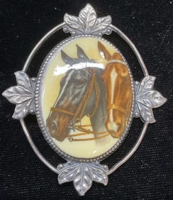 Vtg Silver Plated Equestrian Horses Brooch