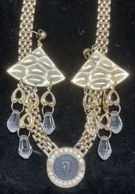 2 Coin Motif Necklace, Gold Tn Crystal Earrings