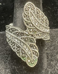 Vintage Silver Tone Crystal Leaf Ring