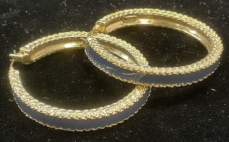 Vtg Monet Gold Tone Blue Chain Hoop Earrings