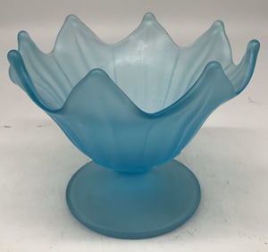 Vtg Blue Satin Glass Lotus Pedestal Candy Dish
