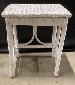 Vintage White Woven Wicker End Table