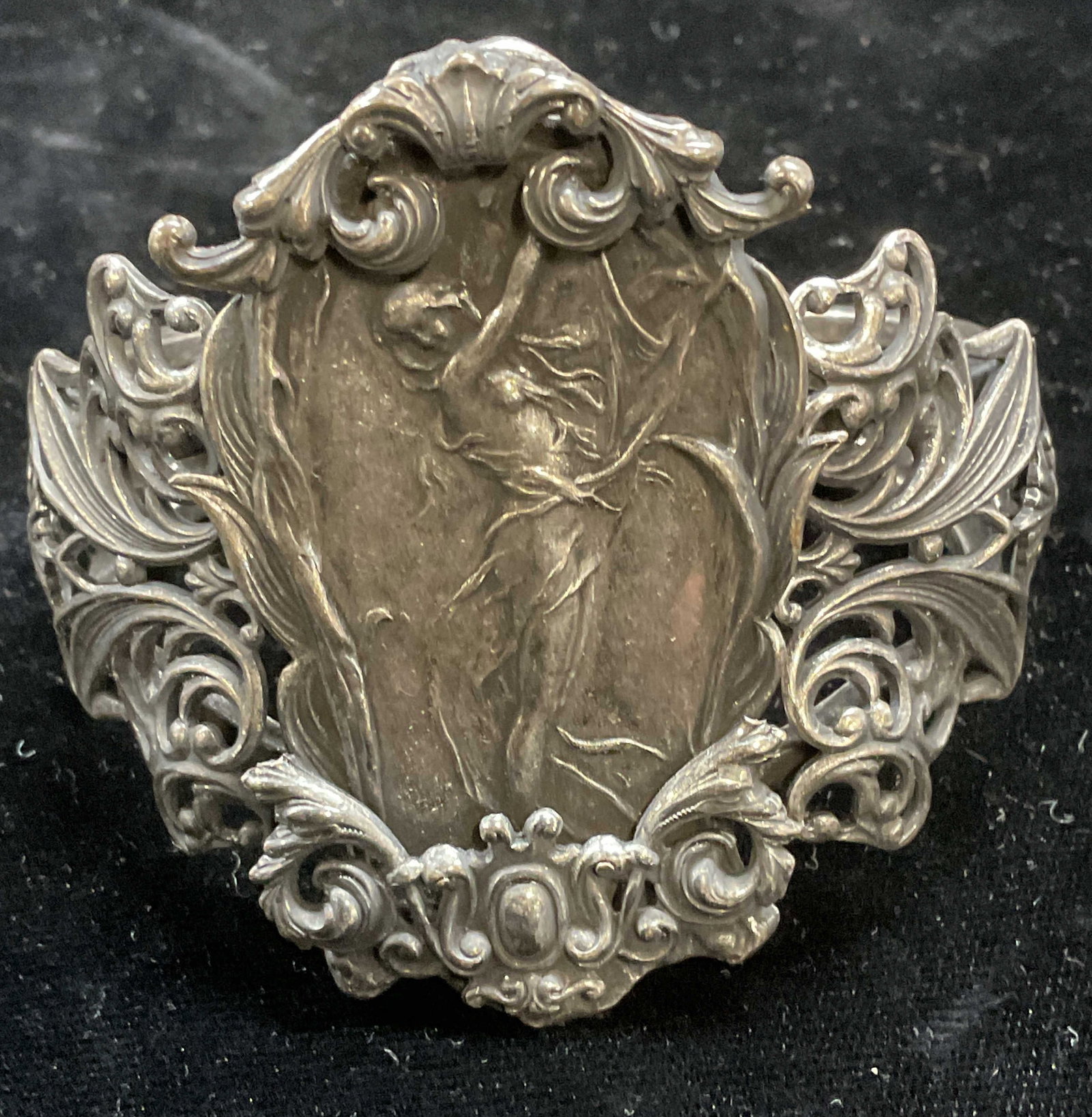 Miss Ellie Art Nouveau Style Silver Tn Bracelet: Signed Miss Ellie NYC silver tone art nouveau style hinged bracelet with figural woman design. Measures approx 2.25 inches wide. Some scratching. Jewelry, estate jewelry, costume jewelry, cocktail jew