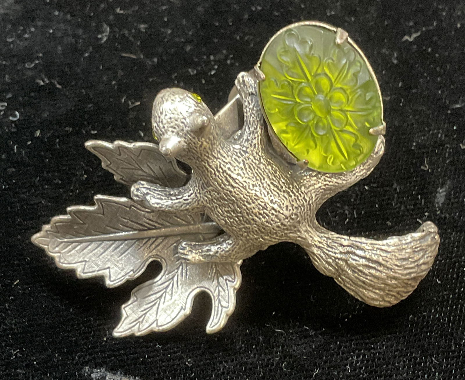 Mary Demarco Pewter Squirrel Ring: Signed Mary Demarco pewter squirrel and leaf motif ring with green glass cabochon. Adjustable size. Setting measures approx 2 inches wide. Some scratching. Jewelry, estate jewelry, costume jewelry, co