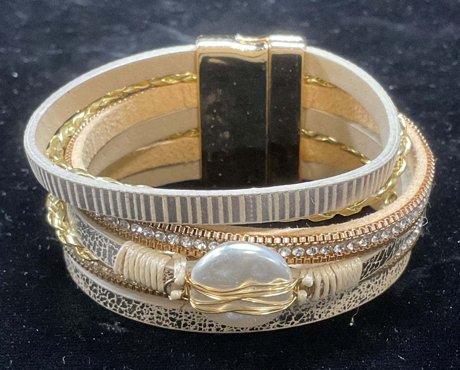 Gold Tone Leather Faux Pearl Crystal Bracelet (1 of 6)