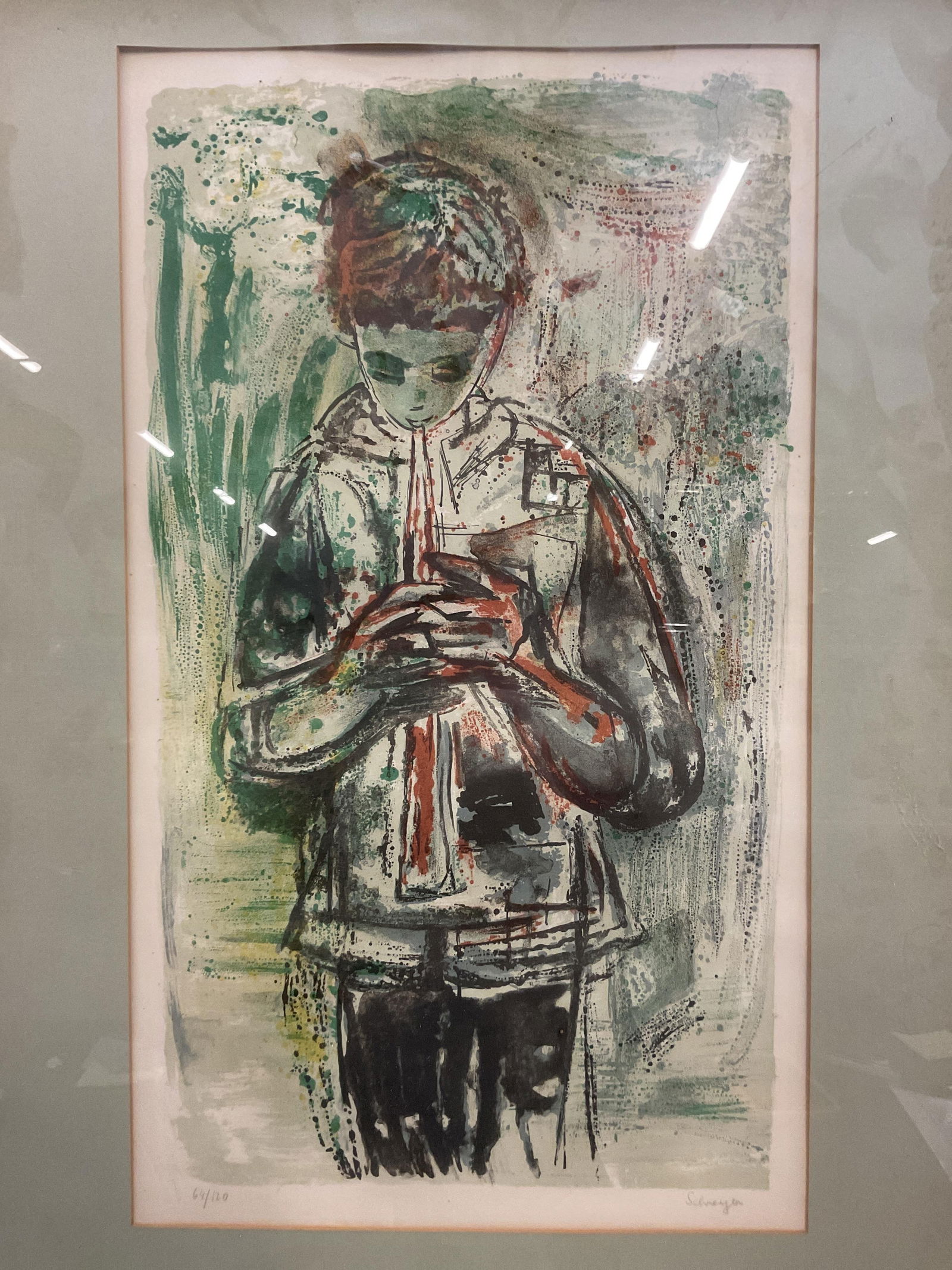Signed Greta Schreyer Boy Playing Flute Litho: Framed and matted limited edition lithograph on paper. Signed lower right, Schreyer. Edition number 64/120. Greta Loebl Schreyer (Austrian/American, 1917-2005) was a jewelry designer and painter. Boy