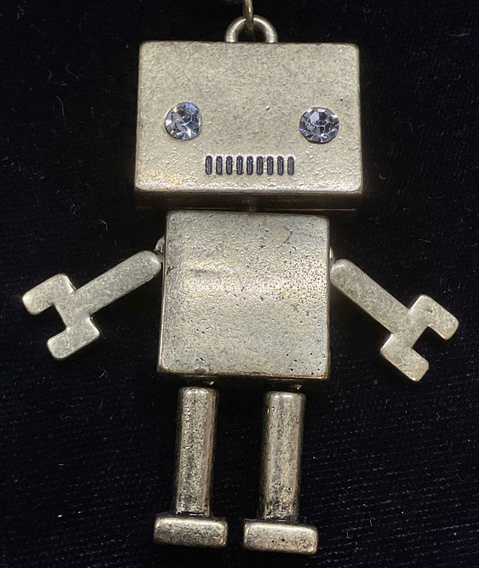 Gold Tone Robot Crystal Pendant Necklace: Gold tone robot motif pendant necklace with crystal decoration. Drop length approx 16 inches. Pendant approx 2.25 inches long. Some scratching. Jewelry, estate jewelry, costume jewelry, cocktail jewel
