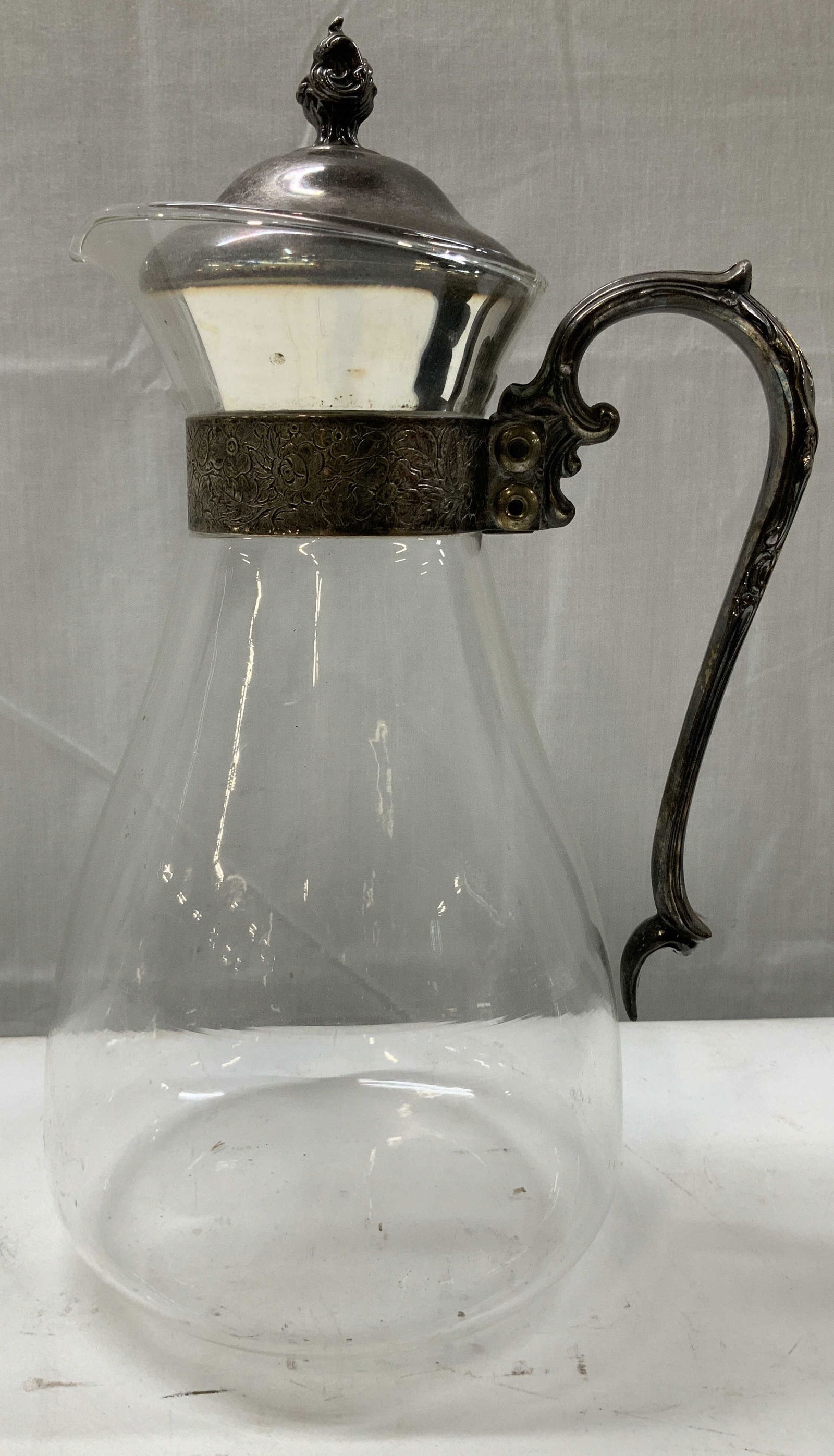 Vtg Floral Etched Silver Plated Glass Pitcher (1 of 8)