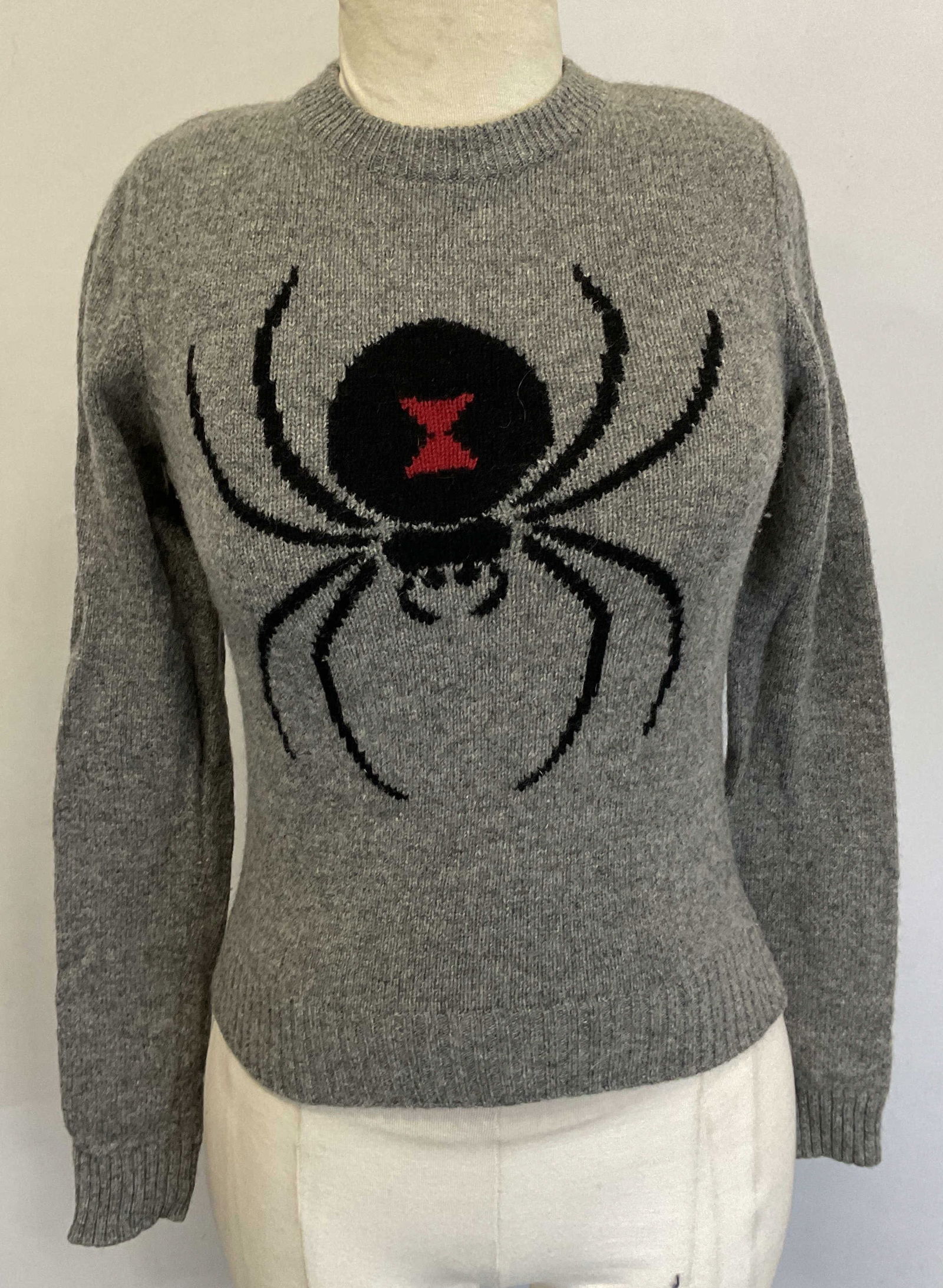 Among The Lucky You Are The Chosen One Sweater+: Among The Lucky You Are The Chosen One grey spider design sweater. Size XS. Made in Macav. Wool material. Frontside features a black and red spider design. Backside features black threading reading De