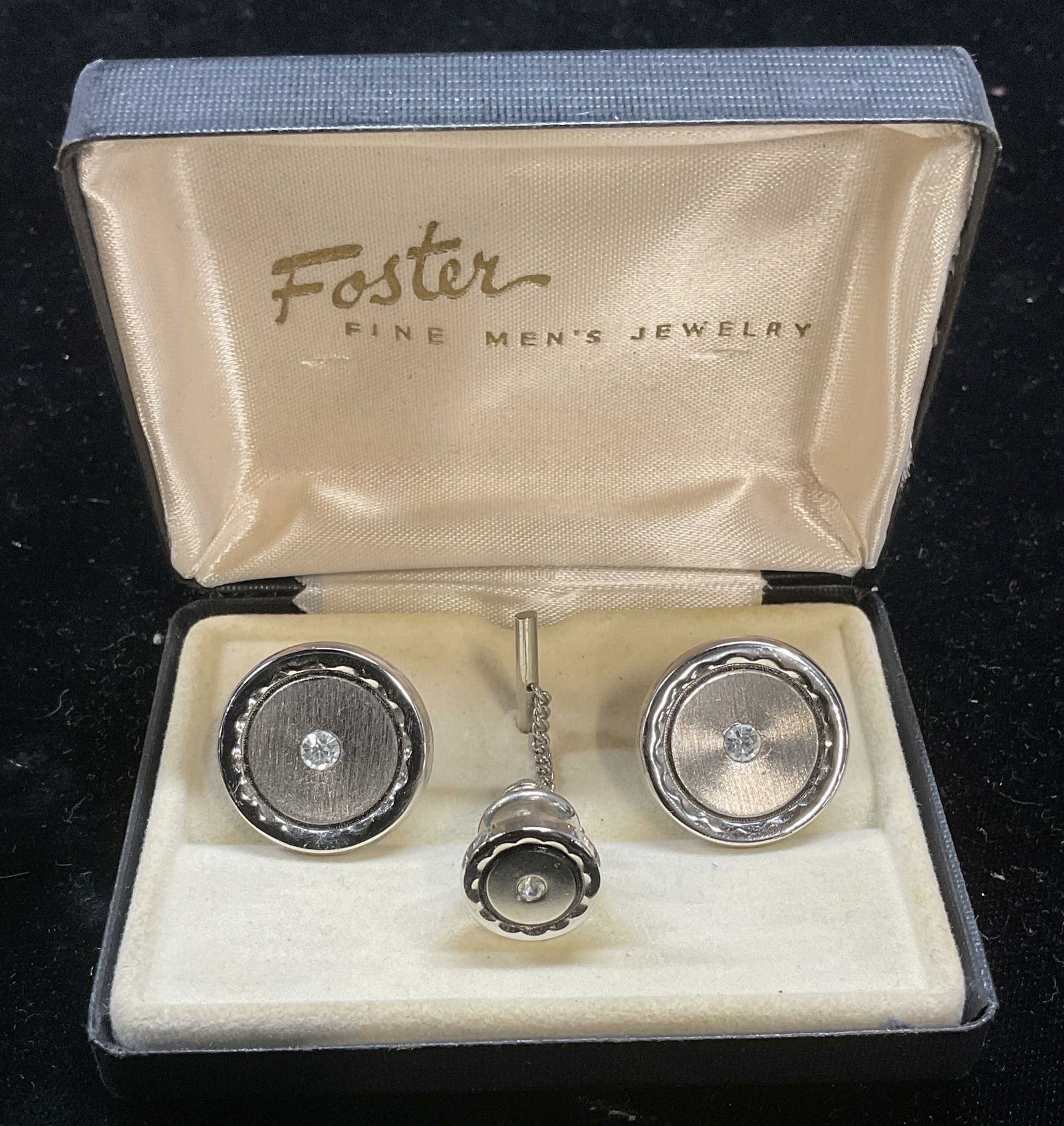 2 Foster Silver Tn Crystal Cufflinks & Tie Pin NIB (1 of 7)