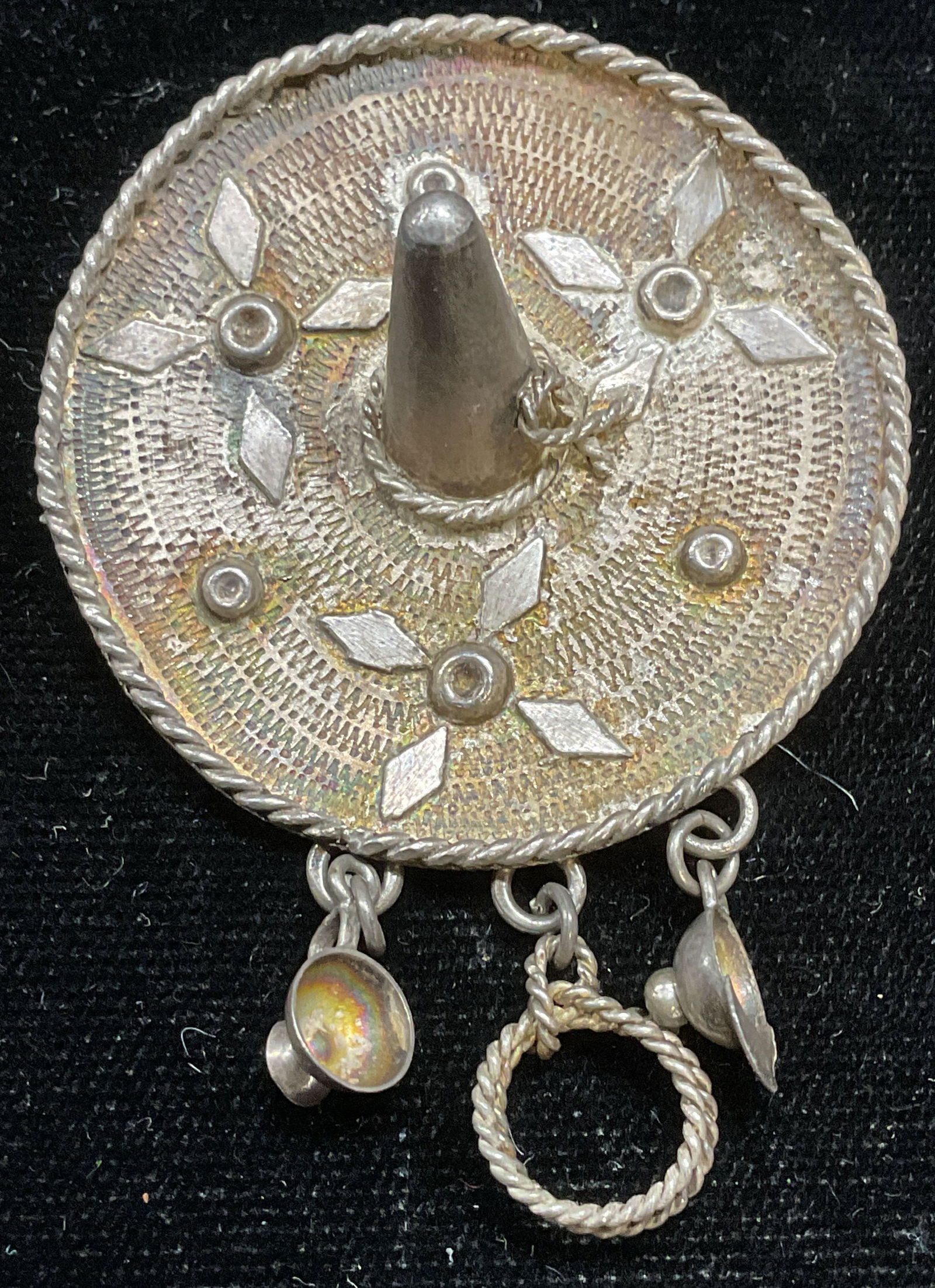 Vintage Handmade Sterling Silver Hat Brooch: Vintage handmade sterling silver hat motif brooch with charms. Measures approx 1.5 inches wide. Total weight .27 ozt. Tests for sterling using acid test. Some scratching. Jewelry, estate jewelry, cost
