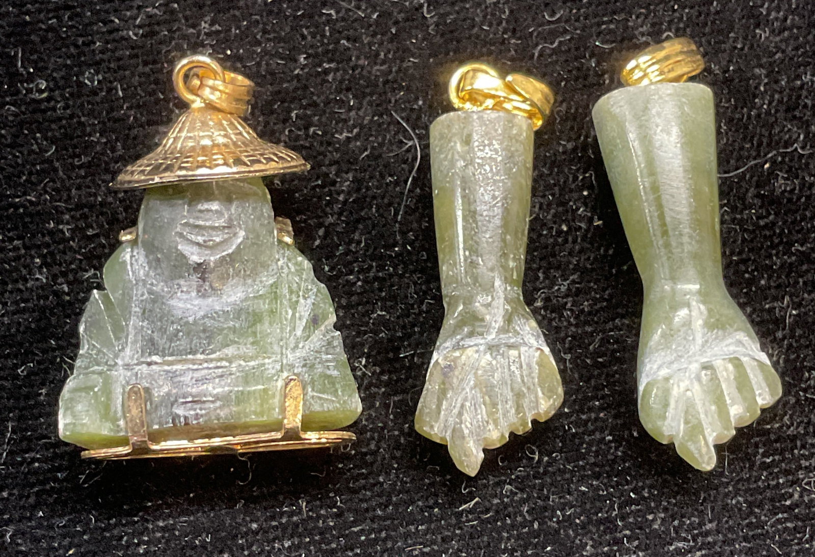 Lot 3 Carved Nephrite Jade Gold Tone Pendants: Lot of 3 hand carved nephrite jade pendants with gold tone accents. Figural and hand motifs. Largest approx 1 inch long. Some scratching. Jewelry, estate jewelry, semiprecious jewelry, cocktail jewelr