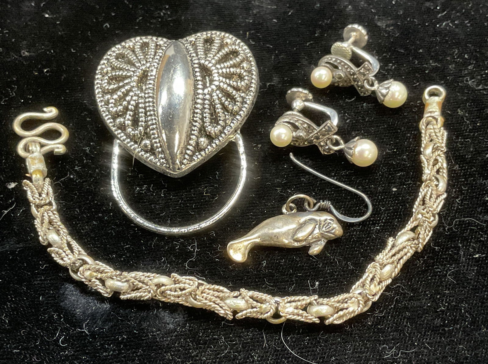 Lot 4 Silver Tone Heart Brooch, Sterling Silver + (1 of 7)