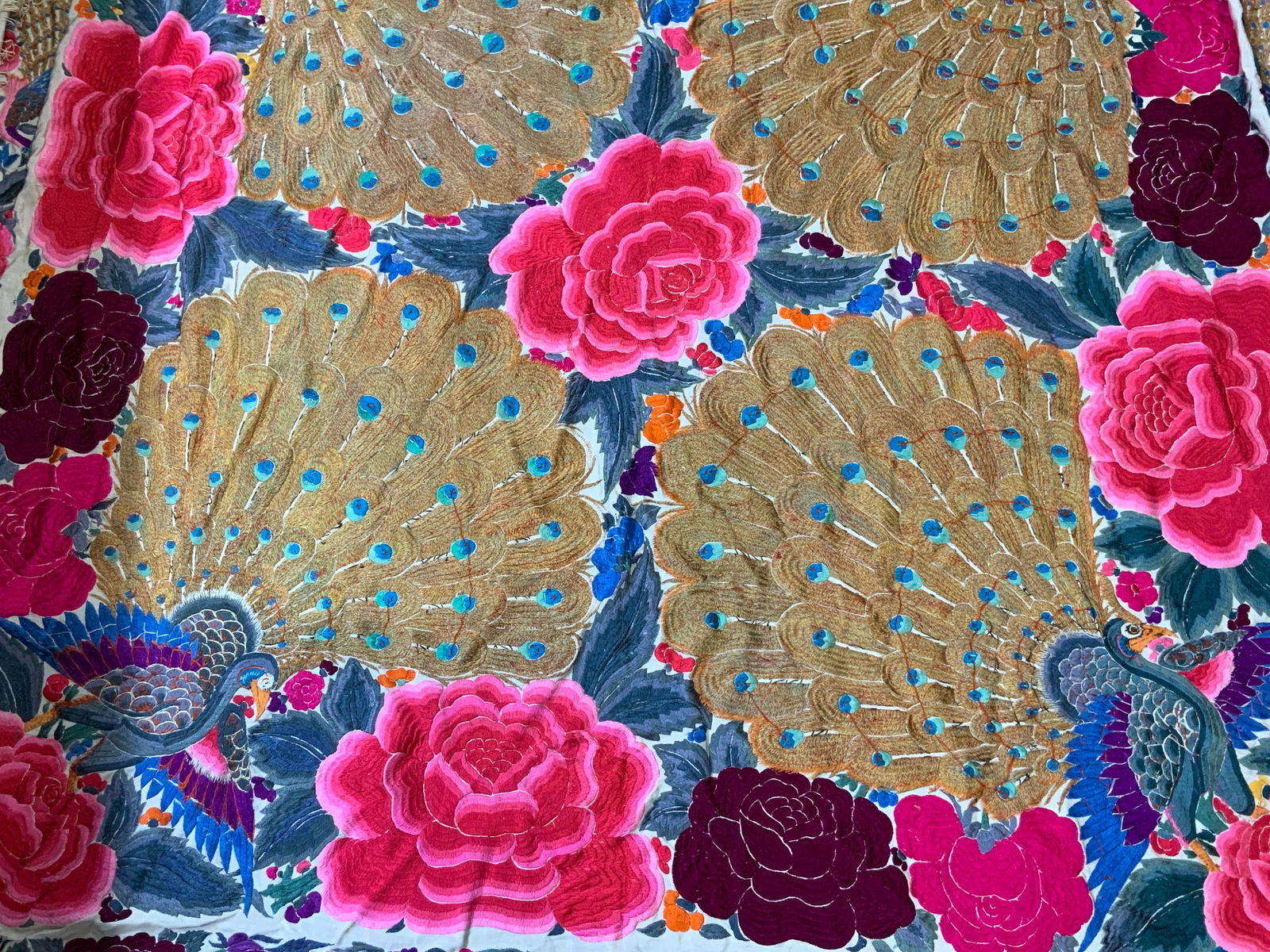 Hand Embroidered Floral & Bird Fringed Shawl (1 of 8)