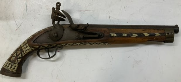 Antique Wooden & Bone Inlay Flintlock Pistol