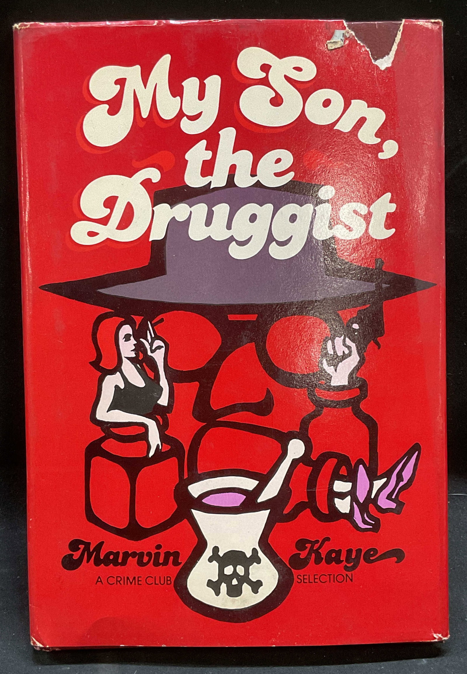 Marvin Kaye My Son The Druggist 1st Ed 1977: Hardcover first edition copy of my Sin The Druggist by Marvin Kaye. Published for The Crime Club by Doubleday, 1977. Measure approx 8.5 x 5.5 inches. Wear to cover, pages, and binding consistent with 