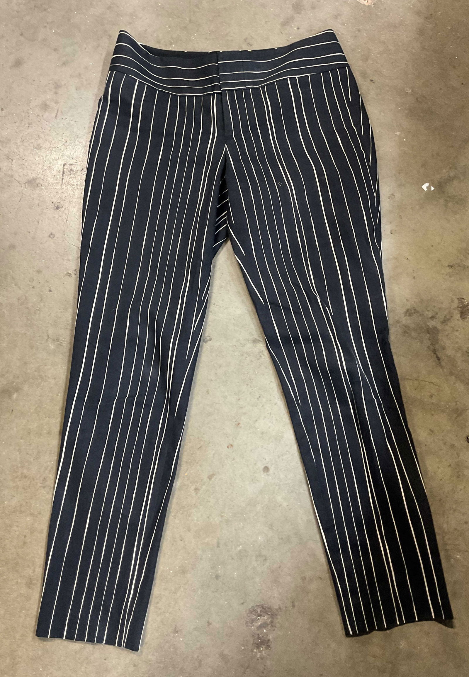 Alice + Olivia Black & White Striped Trousers USA: Alice + Olivia black and white striped trousers. Size 6. Made in USA. Cotton and polyester blend. Black with white lines going horizontal and vertical. Some wear consistent with exposure. Property of