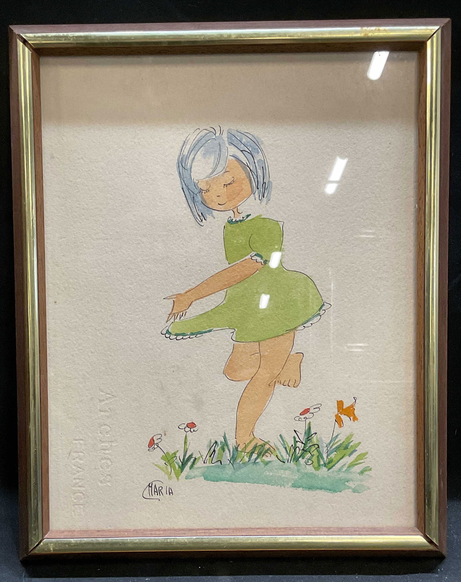 Sgn C Maria Girl & Flowers Watercolor Painting: Framed watercolor painting on Arches paper. Signed lower left, C. Maria. Girl in green dress with flowers. Wood frame with gold tone border. Not examined out of frame, frame measures approx 11 x 9 inc