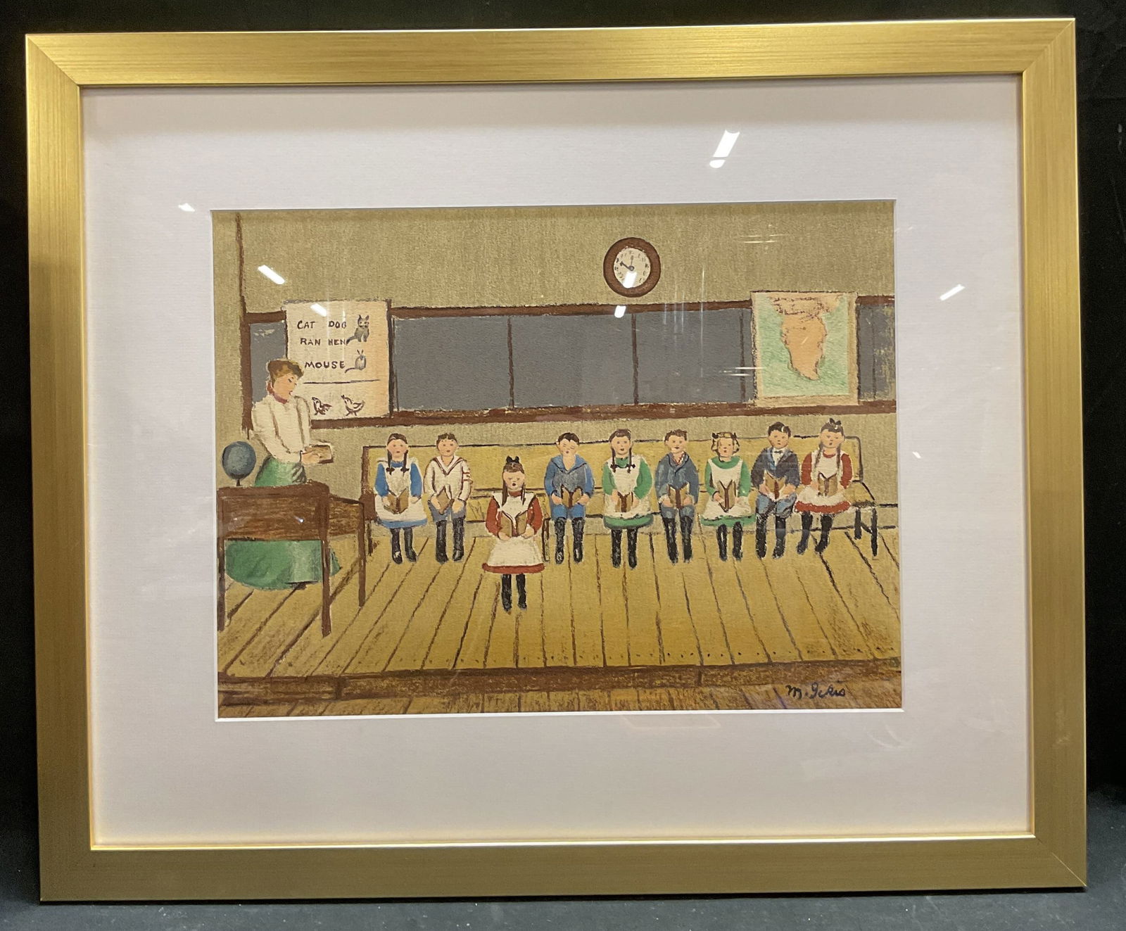 Sgn Children Classroom Watercolor Painting: Framed and matted watercolor and pastel painting on paper. Signed lower right, partially legible, initials M. G. Children seated in a classroom with teacher. Gold tone wood frame. Not examined out of