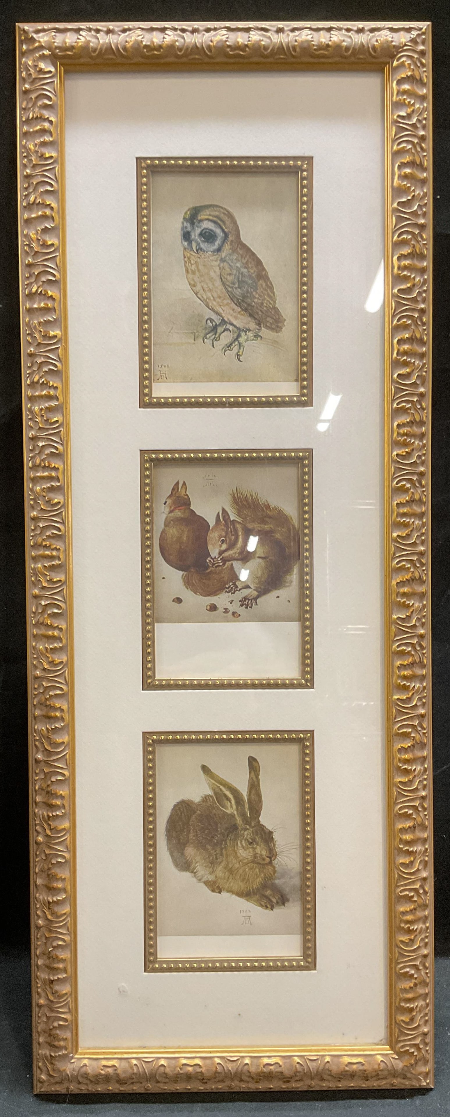 Framed After Durer Squirrel, Rabbit, Owl Lithos: Framed and matted lithographs on paper. After Albrecht Durer. Squirrels, rabbit, and owl. Decorative gilt wood frame and mat. Not examined out of frame. Frame measures approx 25.75 x 9.75 inches. Some
