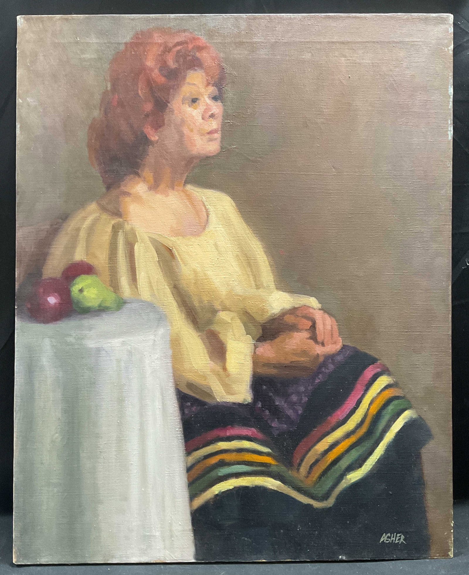 Signed Asher Woman Portrait Oil Painting: Oil on canvas painting. Signed Asher lower right. Portrait of a seated woman. Canvas measures approx 24 x 30 inches. Some scratching and marks. Art, fine art, home decor, home accessories, wall decor,