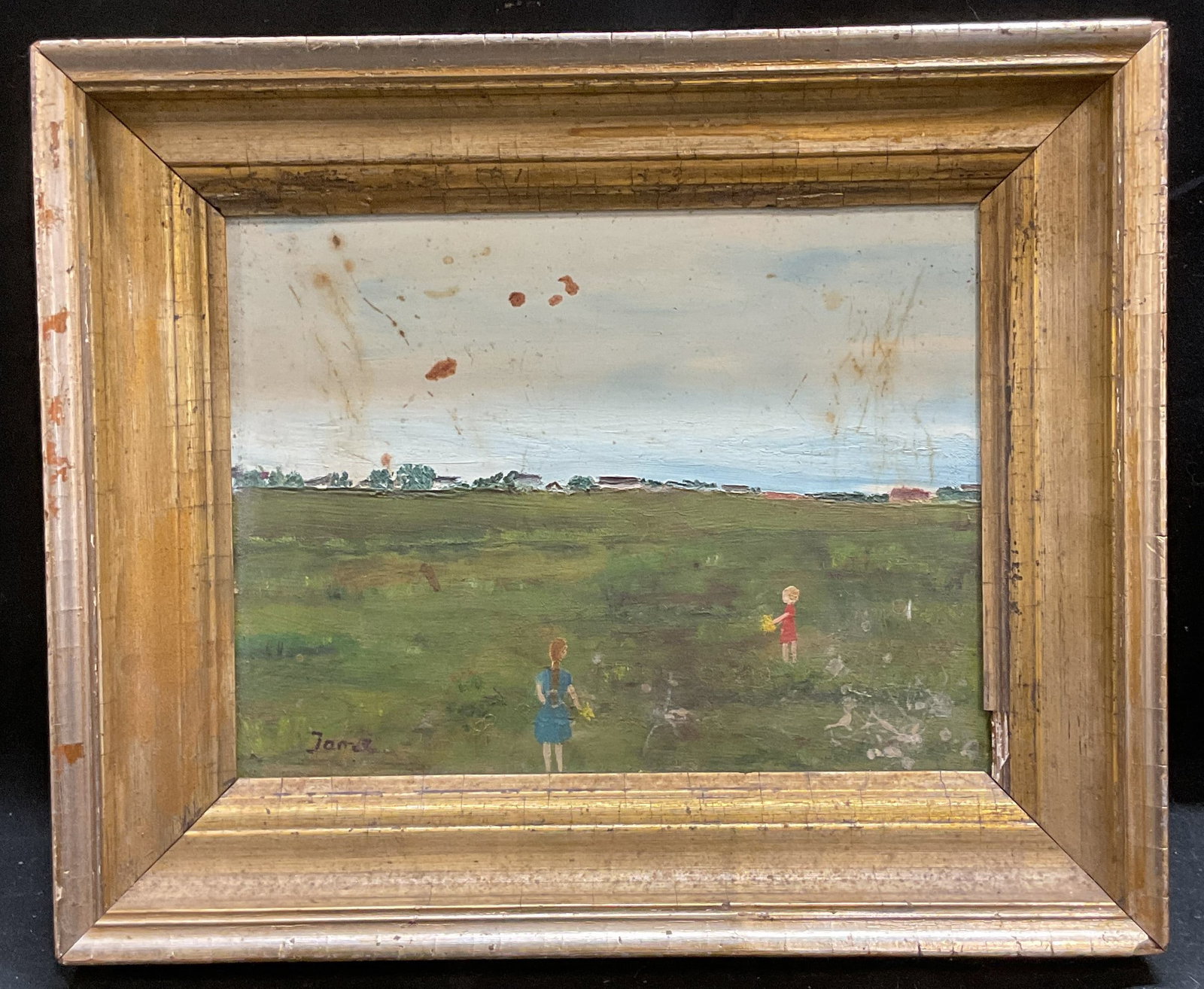 Sgn Jane Nyman Children Landscape Oil Painting: Framed oil on board painting. Signed Jane lower left. Inscribed on verso Jane Nyman. Children playing with landscape. Gilt wood frame. Not examined out of frame. Frame measures approx 9 x 11 inches. W