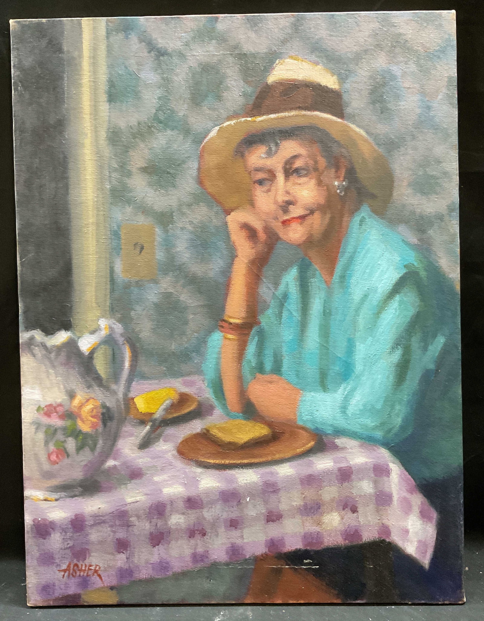 Signed Asher Portrait Woman Oil Painting: Oil on canvas painting. Signed Asher lower left. Portrait of seated woman at table. Measures approx 24 x 18 inches. Some wear including scratching. Art, fine art, home decor, home accessories, wall de
