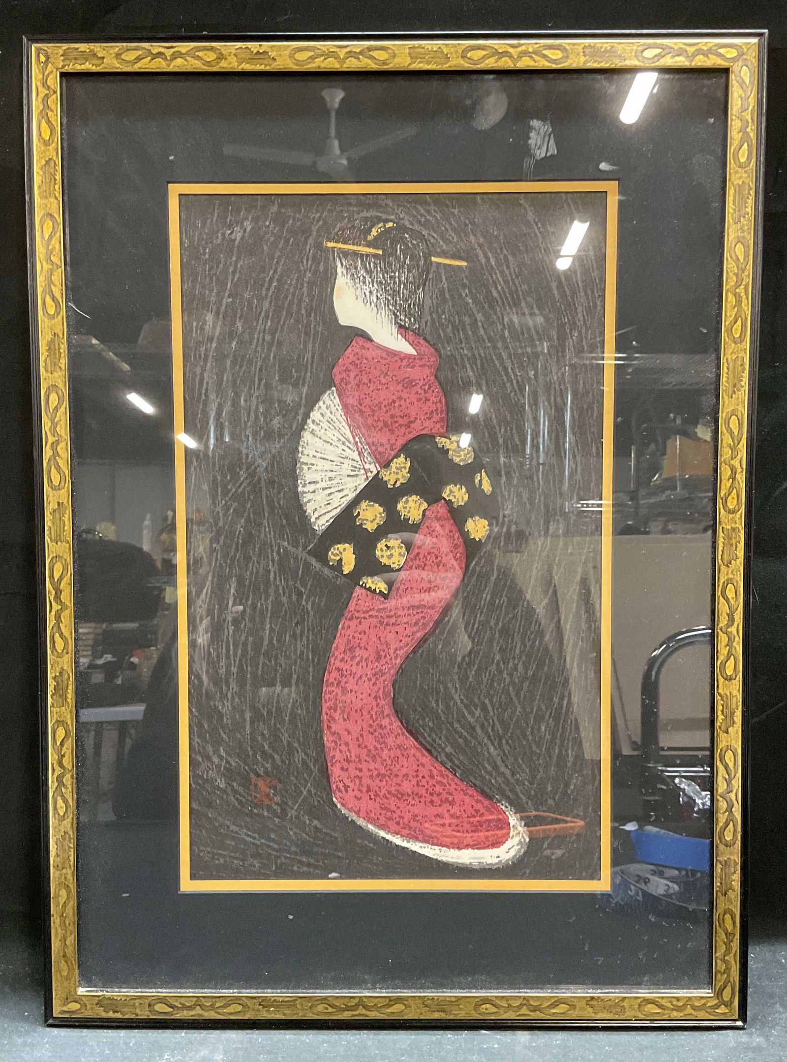 Framed After Kawano Dancer Woodblock Print: Framed and matted woodblock print on paper. After Kaoru Kawano, Dancing Figure/Dancer in Red Kimono. Geisha or dancer. Red seal stamp lower left. Decorative gilt and black wood frame. Not examined out