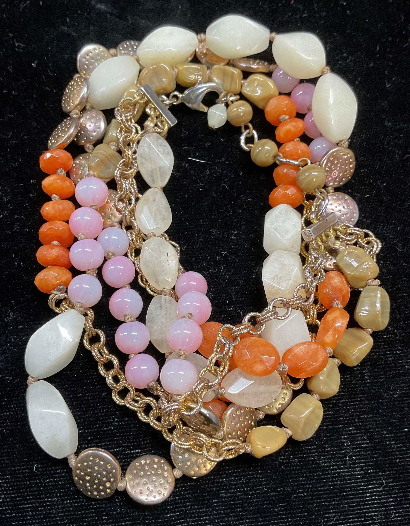 Talbots Gold Tone Semiprecious Beaded Necklace: Talbots gold tone three strand necklace with white, orange and purple semiprecious beads. Signed. Drop length approx 9 inches. Some scratching. Jewelry, estate jewelry, costume jewelry, semiprecious j