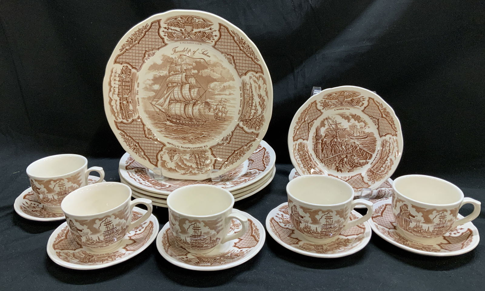Set17 Alfred Meakin Fair Winds Tableware ENG: Lot includes, 5 dinner plates, 5 saucers, 5 teacups & 2 salad plates. Plates feature illustrations of U.S. Delaware Capturing Le Croyable, Canton Port 1830, New York Harbor 1830, & E Pluribus Unum. Br