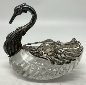 Vtg Crystal & Sterling Silver Salt Cellar Swan