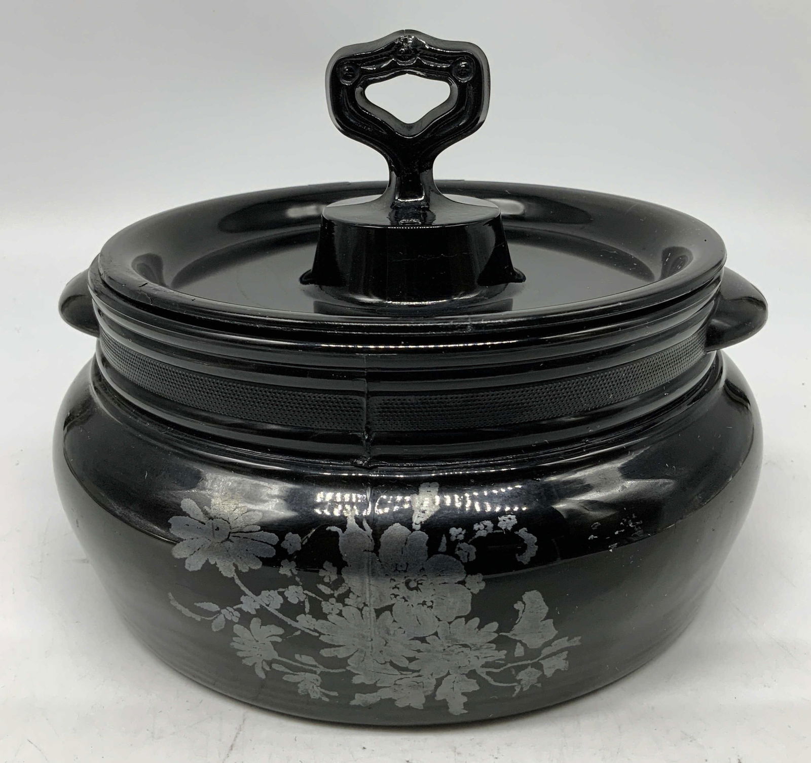 Vntg Black Glass Lidded Floral Biscuit Barrell (1 of 6)