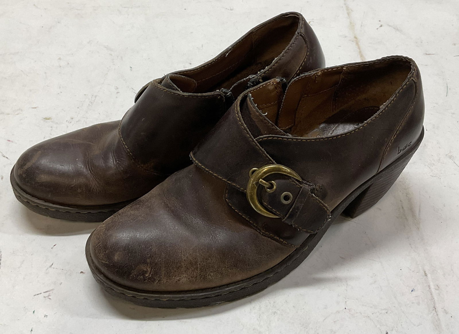 Born Concept Brown Leather Platform Shoes: Born Concept brown leather platform shoes. Size 7 1/2. Side zipper and front buckle. Raised platform heel. Surface wear consistent with exposure. Shoes, boots, platform shoes, leather shoes, Born Conc