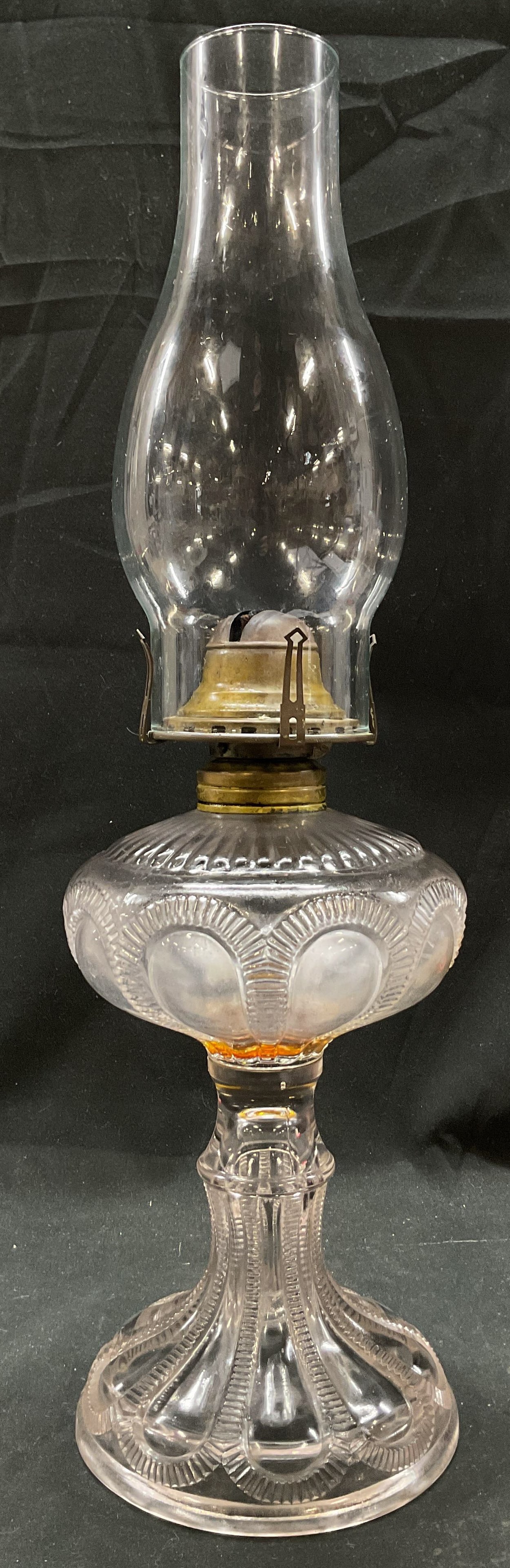 Queen Anne Glass Oil Lamp W Hurricane Cover + More: Queen Anne vintage possibly antique glass oil lamp with hurricane cover, extra wicks, and diagram of how to use the oil lamp. Ribbed pedestal base. Metal burner mechanism and beaded top chimney atop b