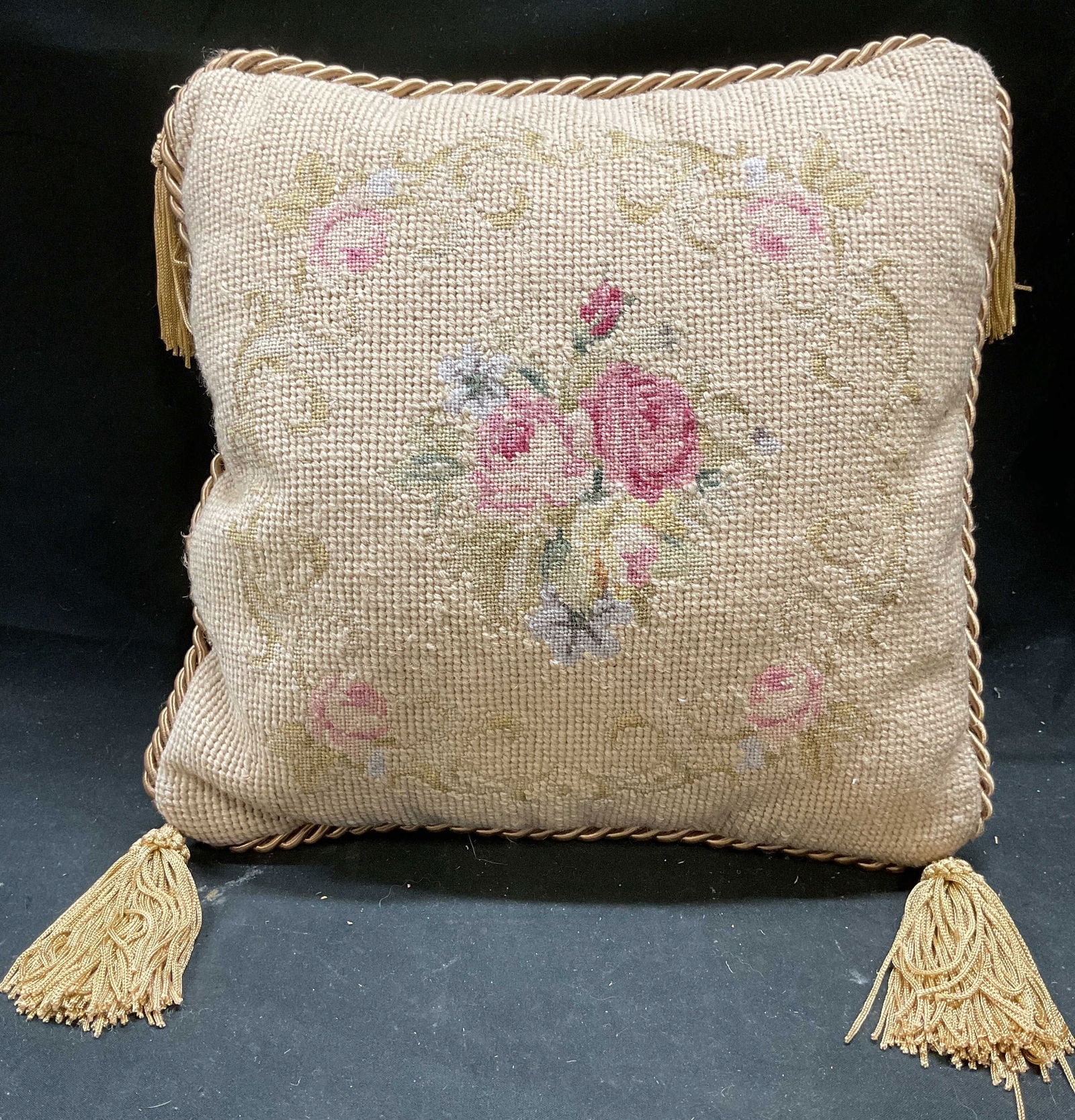 Vintage Needlepoint Floral Tassel Throw Pillow (1 of 6)