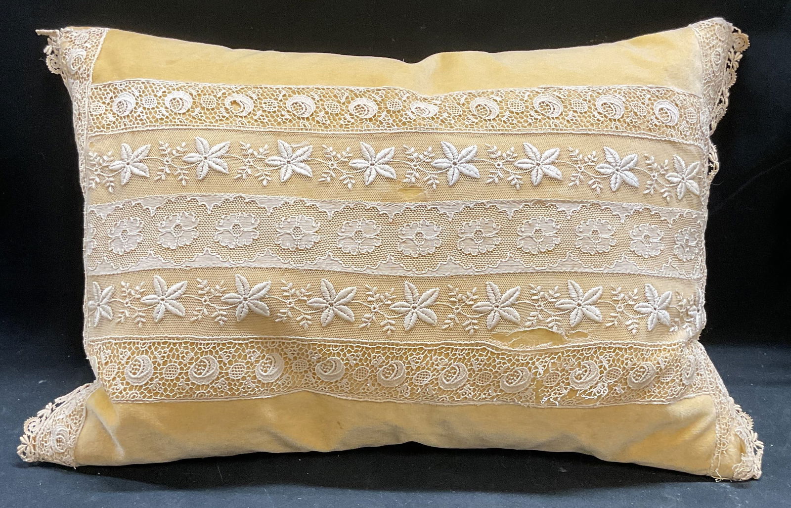 Vintage Yellow Velvet & Floral Lace Throw Pillow (1 of 7)
