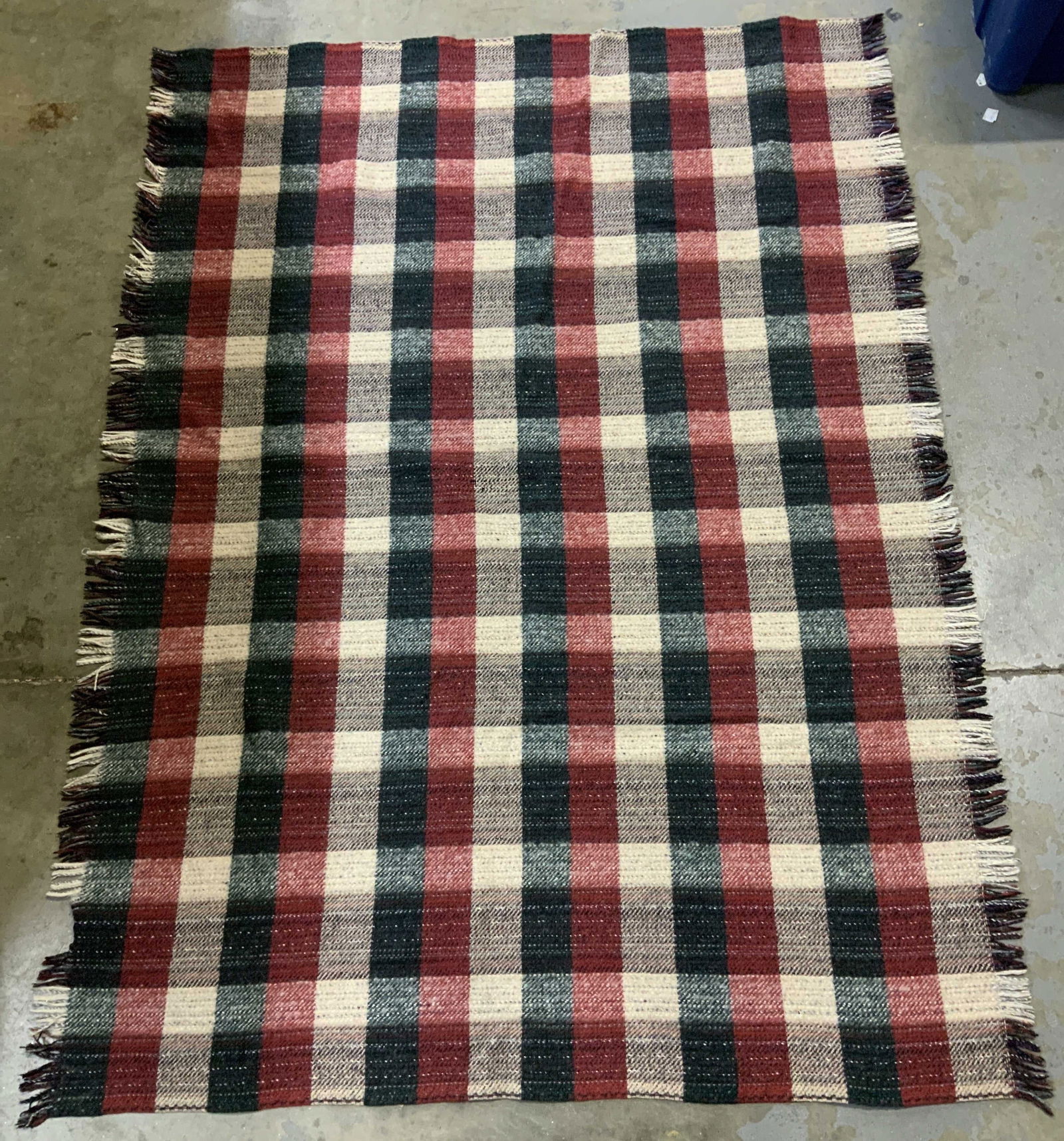 Vntg Checkered Wool Fringed Throw Blanket (1 of 6)