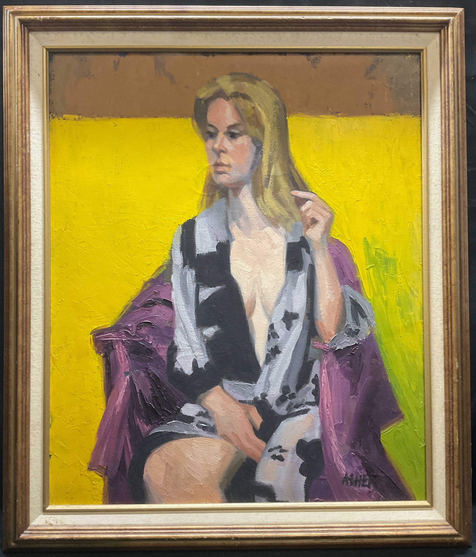 Signed Asher Woman Portrait Oil Painting 1979: Framed oil on canvas painting. Signed Asher lower right. Inscribed on verso Lisa 1979. Portrait of a seated woman wearing a robe. Gilt wood frames. Not examined out of frame. Frame measures approx 28.