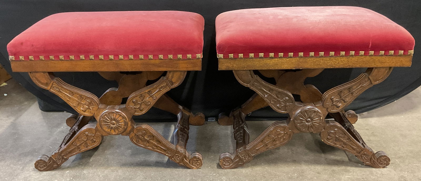 Pair Regency Style Wood Velvet Upholstered Stools (1 of 6)