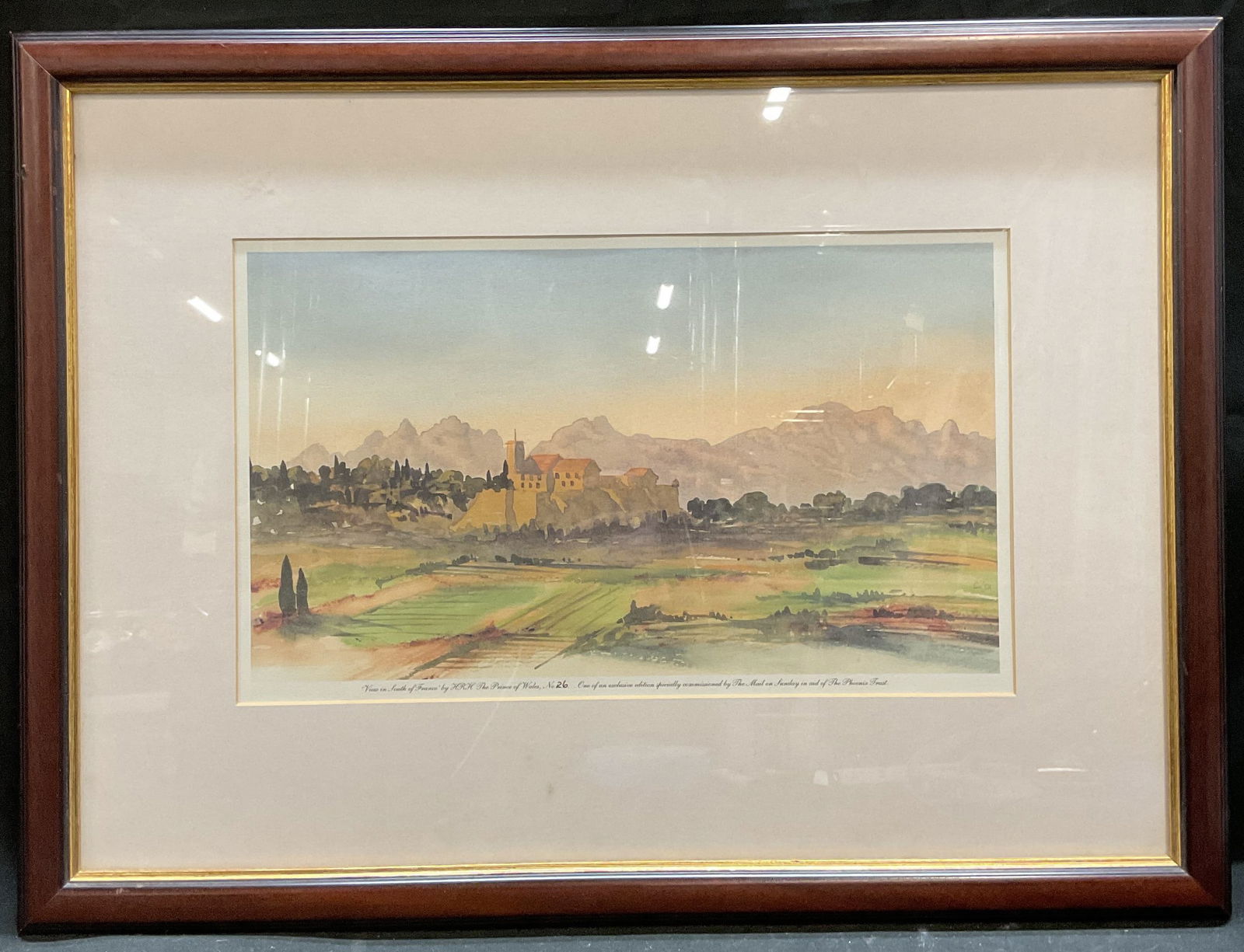 King Charles III France Ltd Ed Lithograph 23in: Framed and matted limited edition lithograph on paper. King Charles III, View of the South of France. Text at lower margin reads by HRH The Prince of Wales one of an exclusive edition specially commis