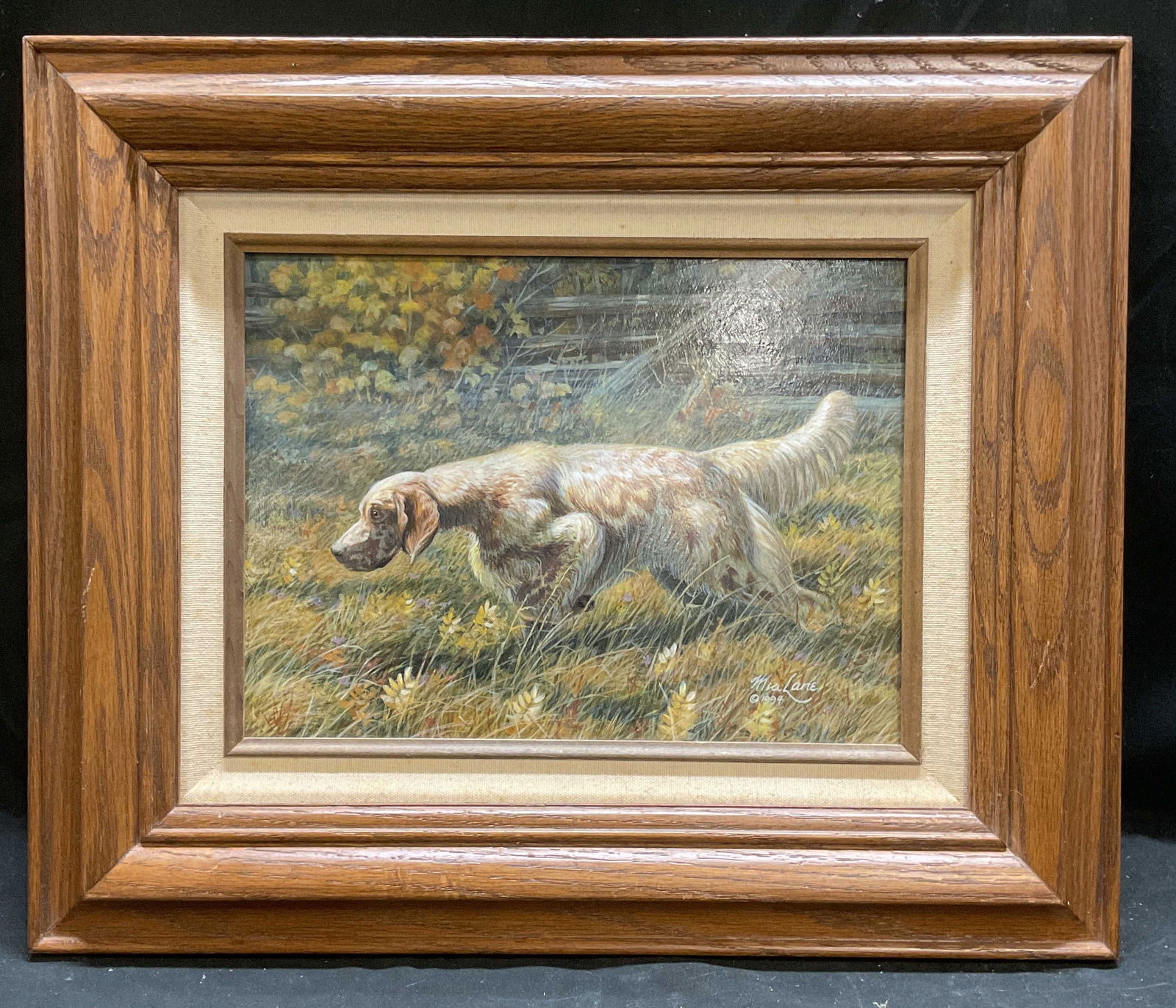 Sgn Mia Lane English Setter Acrylic Painting: Framed acrylic on board painting. Signed lower right Mia Lane (American, contemporary). Labeled on verso. English setter. Dog with landscape. Wood frame. Not examined out of frame. Frame measures appr