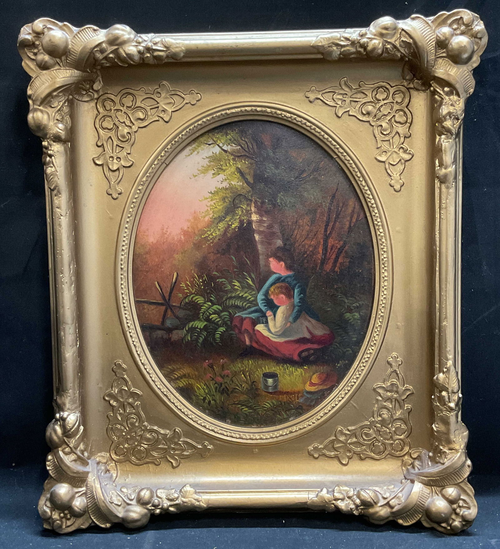 Antique Framed Children & Landscape Oil Painting (1 of 6)