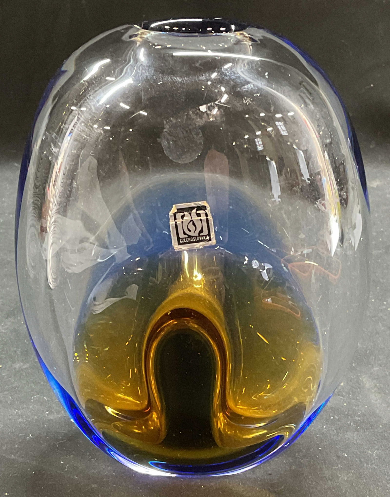 Signed Blue Amber Art Glass Vase, Czechoslovakia (1 of 6)